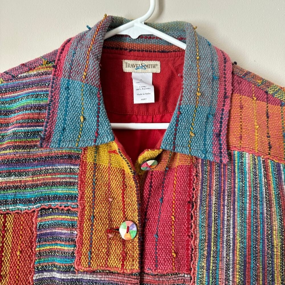 Travel Smith Vintage Jacket Womens Large BOHO Woven 90s Patchwork Rug Colorblock - Picture 2 of 11